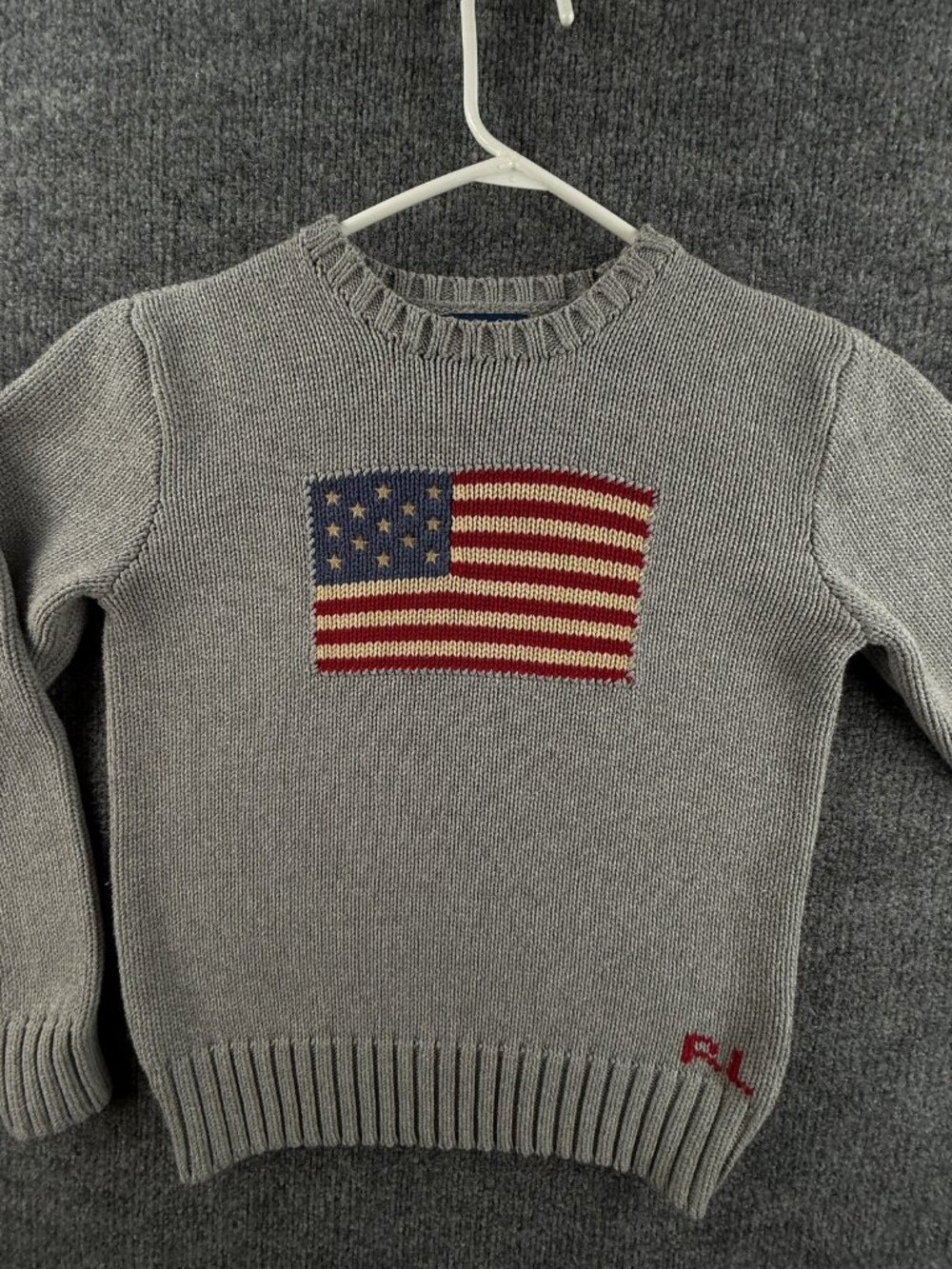 Polo Ralph Lauren US Flag Sweater Graphic Gray Crew Neck Large Boys 14-16 Large